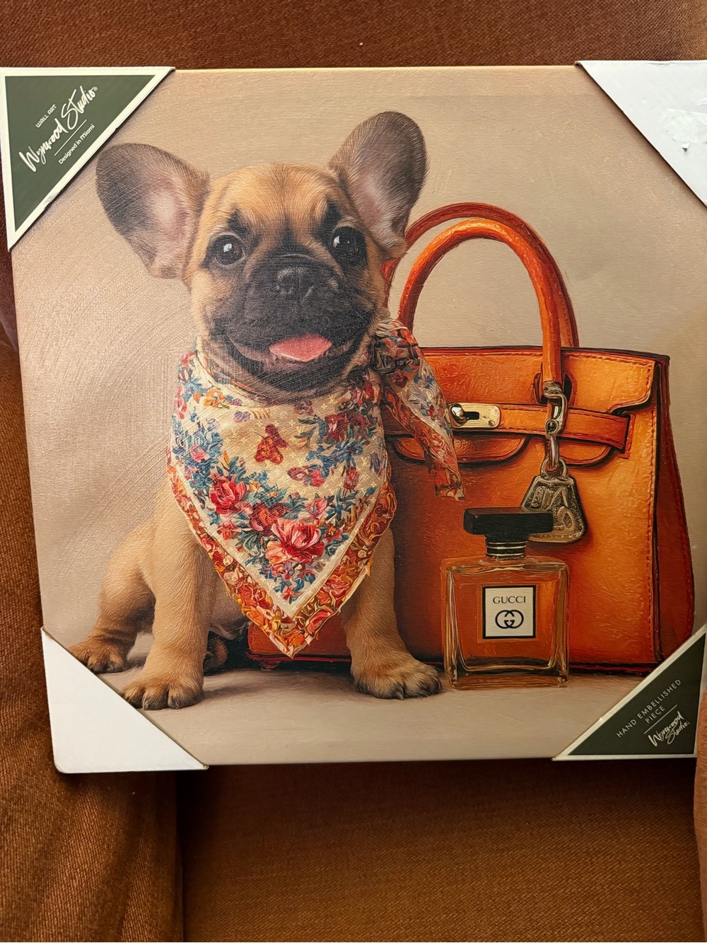 French Bulldog Canvas Art with Orange Handbag and Floral Bandana new